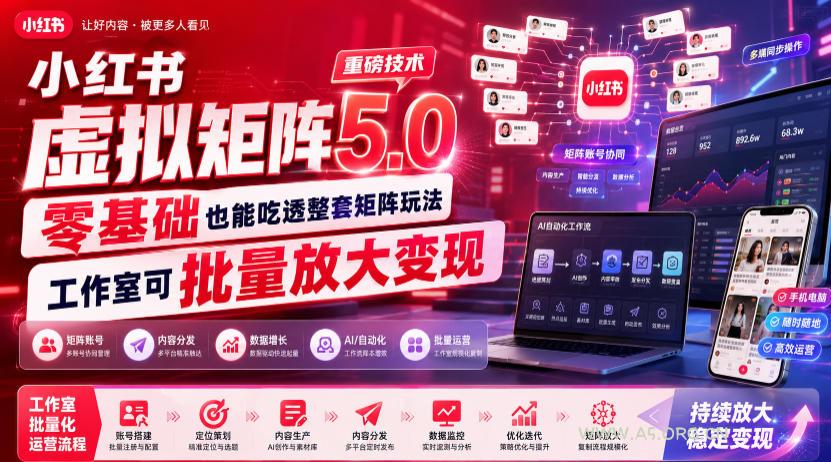 小红书虚拟矩阵5.0重磅技术,零基础也能吃透整套矩阵玩法,工作室可批量放大变现-小红泡