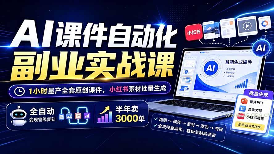 AI课件自动化副业实战课：1小时量产全套原创课件×小红书素材批量生成×全自动变现管线×半年卖3000单-小红泡