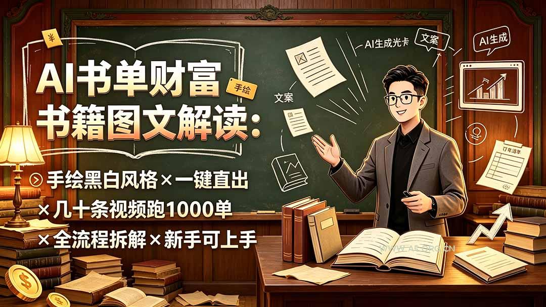 AI书单财富书籍图文解读：手绘黑白风格×一键直出×几十条视频跑1000单×全流程拆解×新手可上手-小红泡