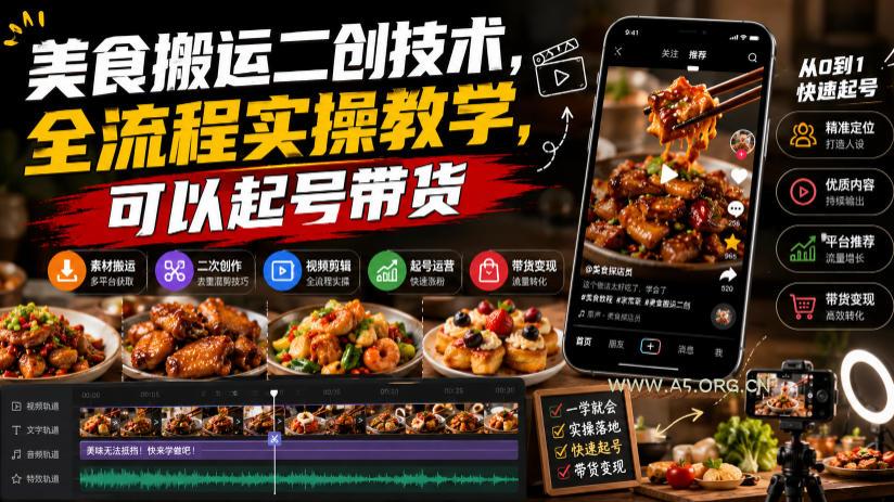 美食搬运二创技术,全流程实操教学,可以起号带货-小红泡