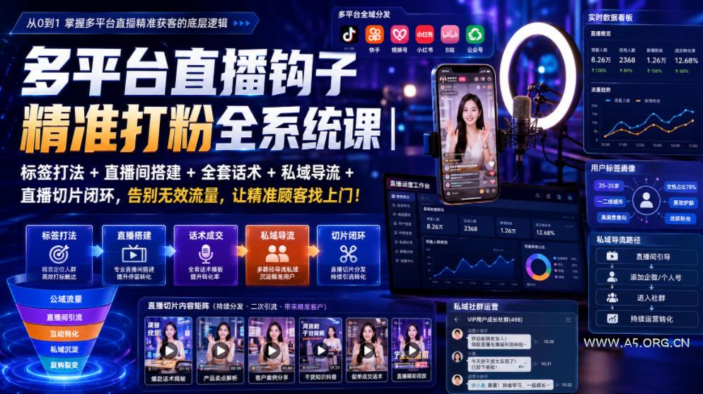多平台直播钩子精准打粉全系统课|标签打法+直播间搭建+全套话术+私域导流+直播切片闭环,告别无效流量,让精准顾客找上门!-小红泡
