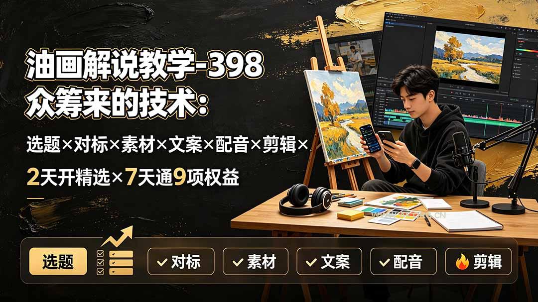 油画解说教学-398众筹来的技术:选题×对标×素材×文案×配音×剪辑×2天开精选×7天通9项权益-小红泡