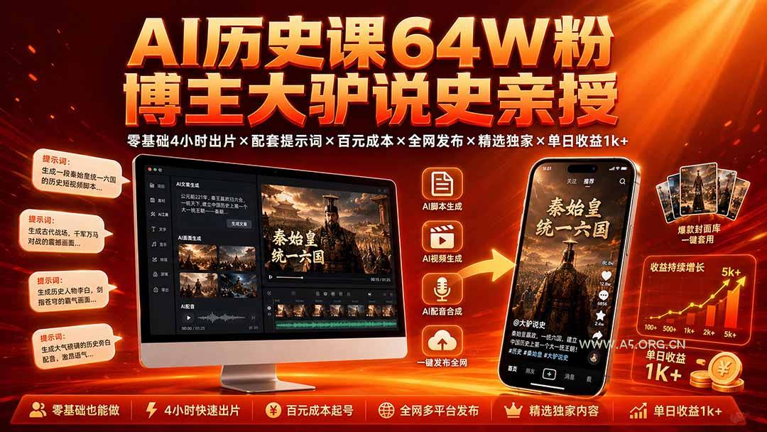 AI历史课64W粉博主大驴说史亲授:零基础4小时出片×配套提示词×百元成本×全网发布×精选独家×单日收益1k+-小红泡