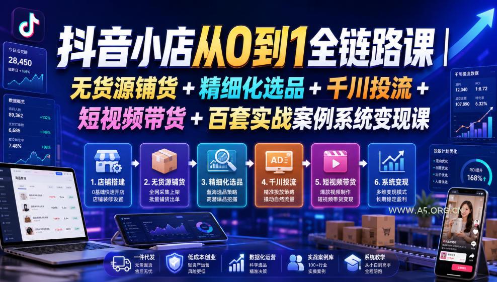 抖音小店从0到1全链路课|无货源铺货+精细化选品+千川投流+短视频带货+百套实战案例系统变现课(2026年7月更新)-小红泡