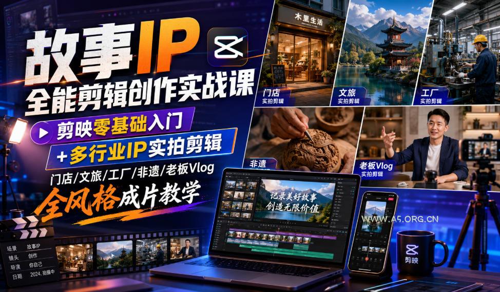 故事IP全能剪辑创作实战课|剪映零基础入门+多行业IP实拍剪辑,门店/文旅/工厂/非遗/老板Vlog全风格成片教学-小红泡
