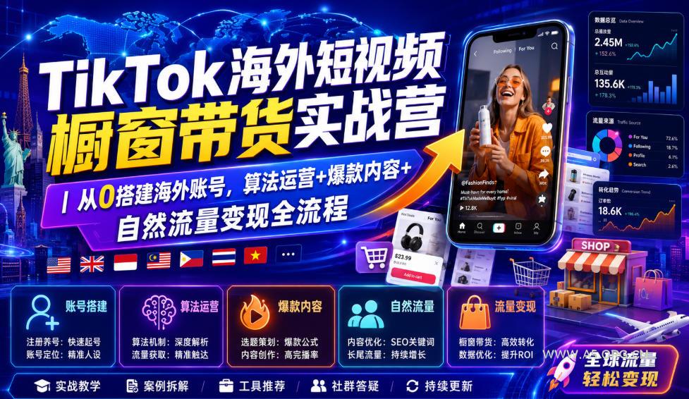 TikTok海外短视频橱窗带货实战营｜从0搭建海外账号，算法运营+爆款内容+自然流量变现全流程-小红泡
