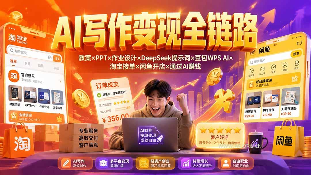 2026AI写作变现全链路:教案×PPT×作业设计×DeepSeek提示词×豆包WPS AI×淘宝接单×闲鱼开店×通过AI賺钱-小红泡