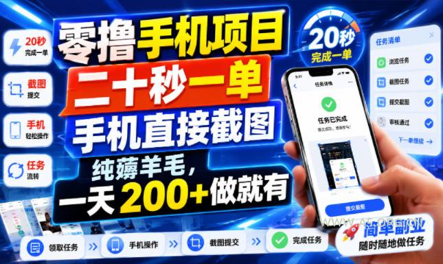 零撸手机项目,二十秒一单,手机直接截图,纯薅羊毛,一天200+做就有【揭秘】-小红泡