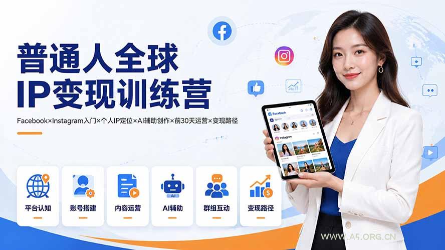 普通人全球IP变现训练营:Facebook×Instagram入门×个人IP定位×AI辅助创作×前30天运营×变现路径-小红泡
