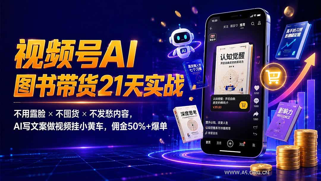 繁花视频号AI图书带货21天实战:不用露脸×不囤货×不发愁内容,AI写文案做视频挂小黄车,佣金50%+爆单-小红泡