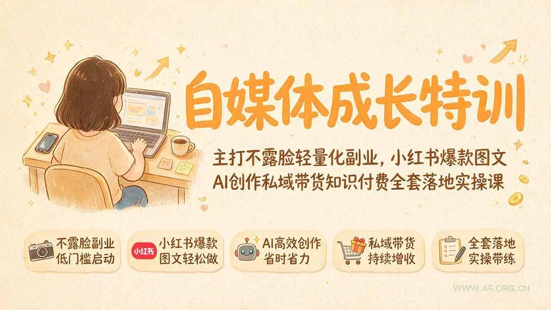 自媒体成长特训｜主打不露脸轻量化副业，小红书爆款图文AI创作私域带货知识付费全套落地实操课-小红泡
