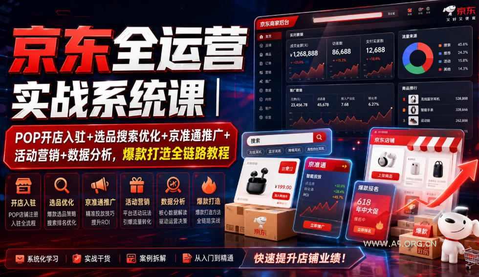 京东全运营实战系统课｜POP开店入驻+选品搜索优化+京准通推广+活动营销+数据分析，爆款打造全链路教程-小红泡