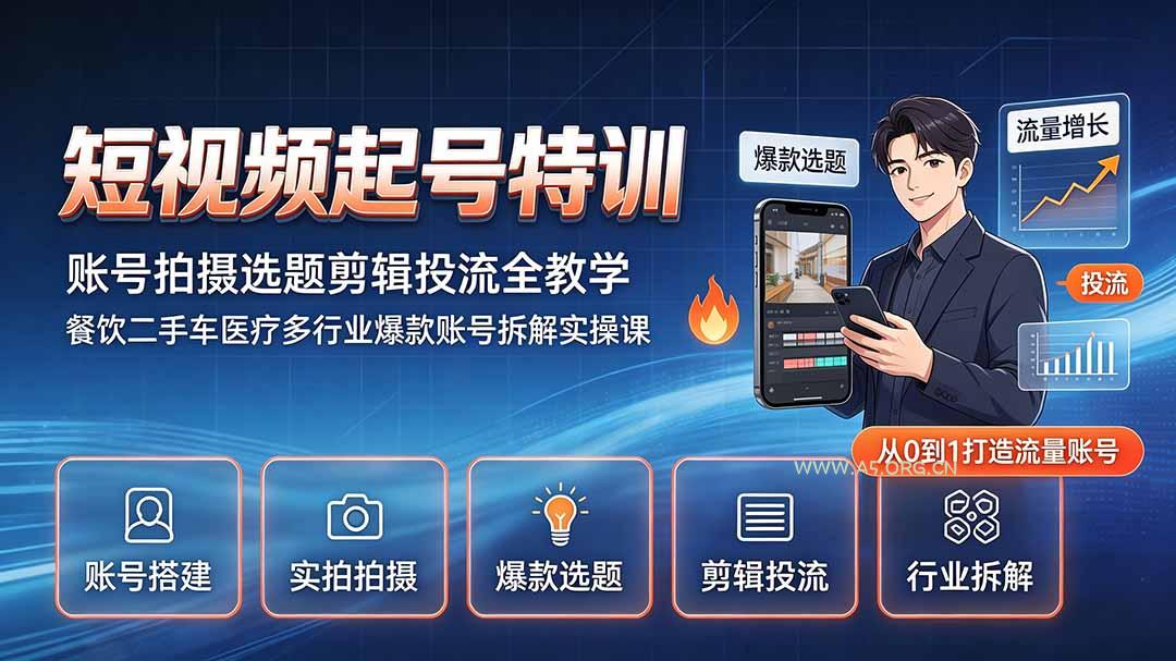 短视频起号特训｜账号拍摄选题剪辑投流全教学，餐饮二手车医疗多行业爆款账号拆解实操课-小红泡