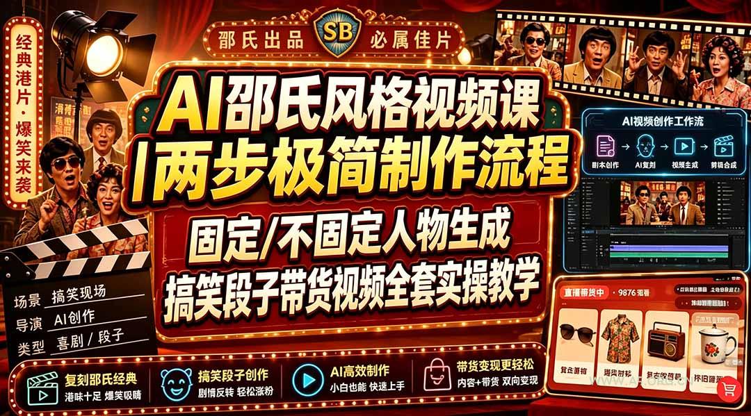 AI邵氏风格视频课｜两步极简制作流程，固定/不固定人物生成，搞笑段子带货视频全套实操教学-小红泡