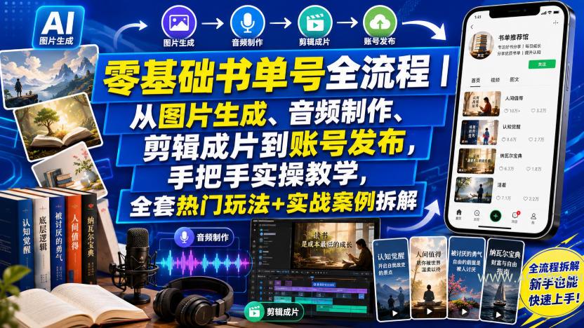 零基础书单号全流程｜从图片生成、音频制作、剪辑成片到账号发布，手把手实操教学，全套热门玩法+实战案例拆解-小红泡