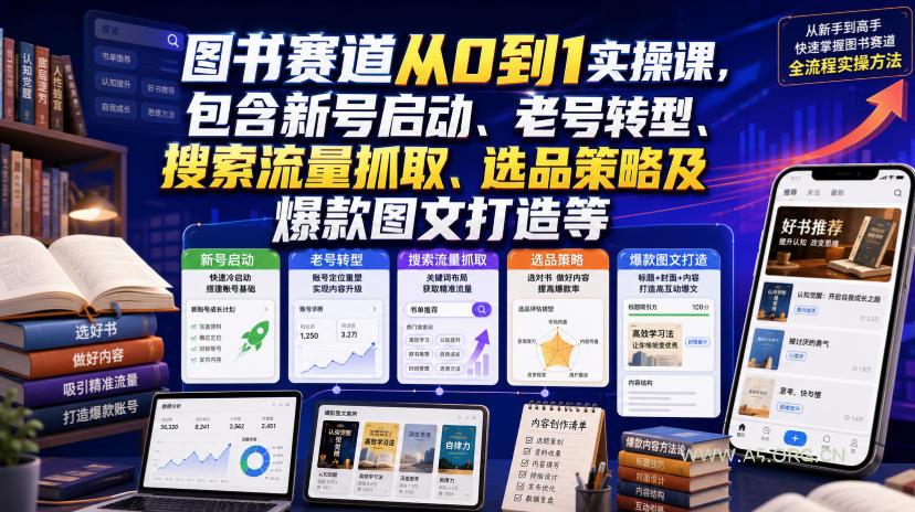 图书赛道从0到1实操课,包含新号启动、老号转型、搜索流量抓取、选品策略及爆款图文打造等-小红泡