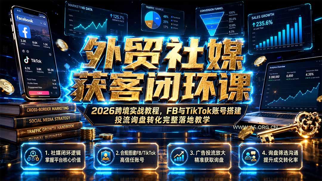 外贸社媒获客闭环课|2026跨境实战教程,FB与TikTok账号搭建投流询盘转化完整落地教学-小红泡