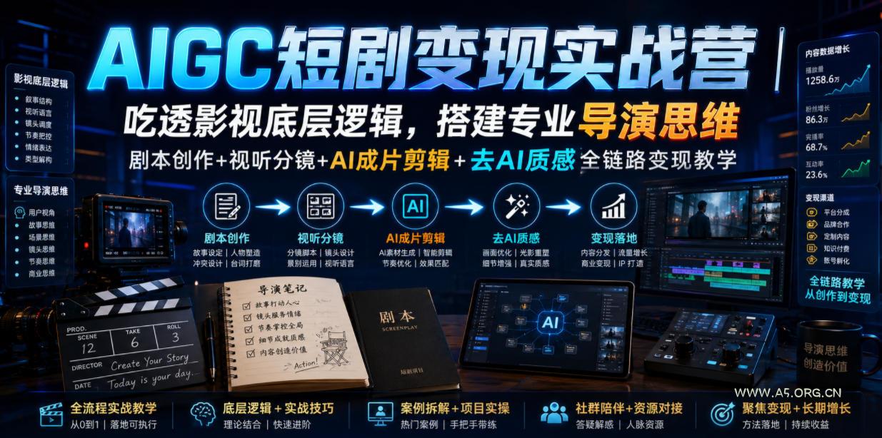 AIGC短剧变现实战营|吃透影视底层逻辑,搭建专业导演思维,剧本创作+视听分镜+AI成片剪辑+去AI质感全链路变现教学-小红泡