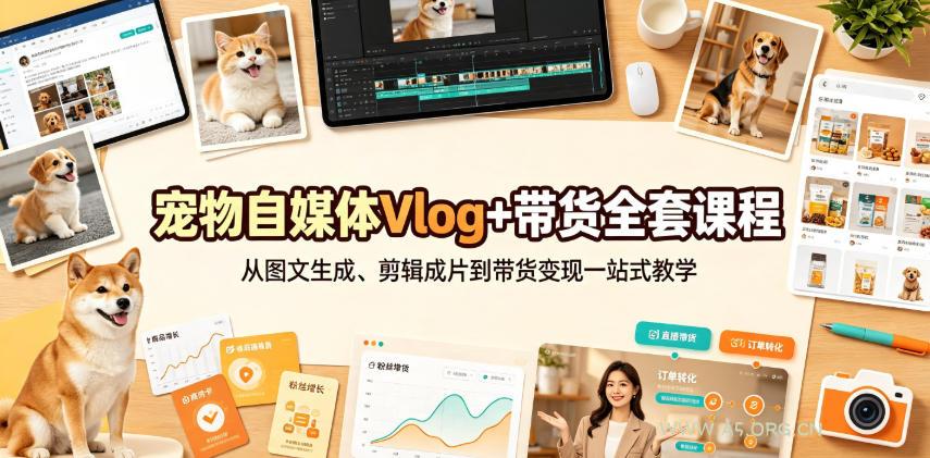 宠物自媒体Vlog+带货全套课程|从图文生成、剪辑成片到带货变现一站式教学-小红泡