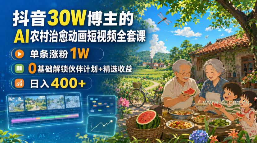 抖音30W博主的AI农村治愈动画短视频全套课|单条涨粉1W,0基础解锁伙伴计划+精选收益,日入400+-小红泡