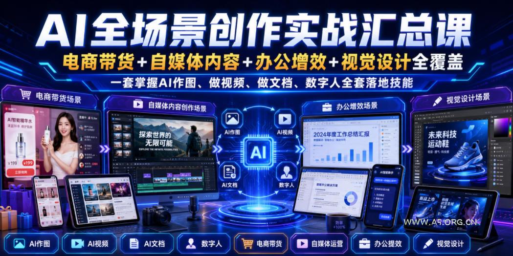 AI全场景创作实战汇总课|电商带货+自媒体内容+办公增效+视觉设计全覆盖,一套掌握AI作图、做视频、做文档、数字人全套落地技能-小红泡