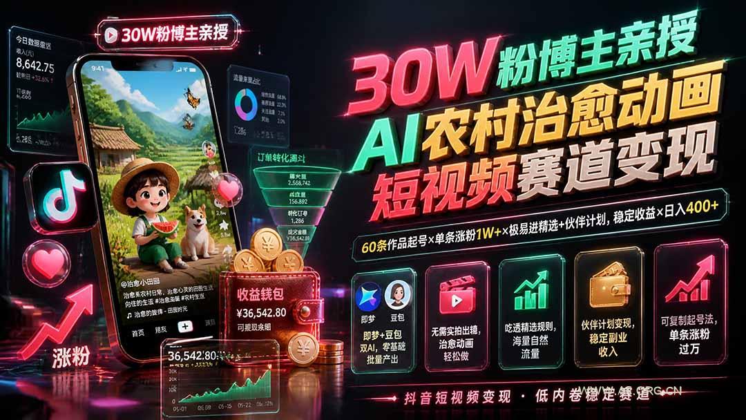 30W粉博主亲授AI农村治愈动画短视频赛道变现:60条作品起号×单条涨粉1W+×极易进精选+伙伴计划,稳定收益×日入400+-小红泡