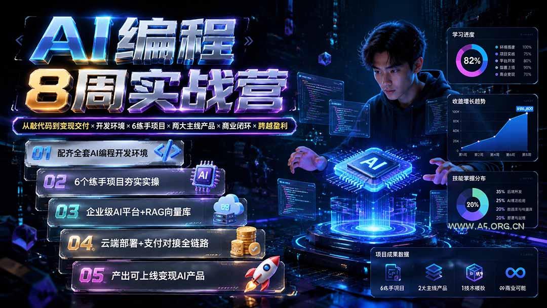 AI编程8周实战营：从敲代码到变现交付×开发环境×6练手项目×两大主线产品×商业闭环×跨越盈利-小红泡