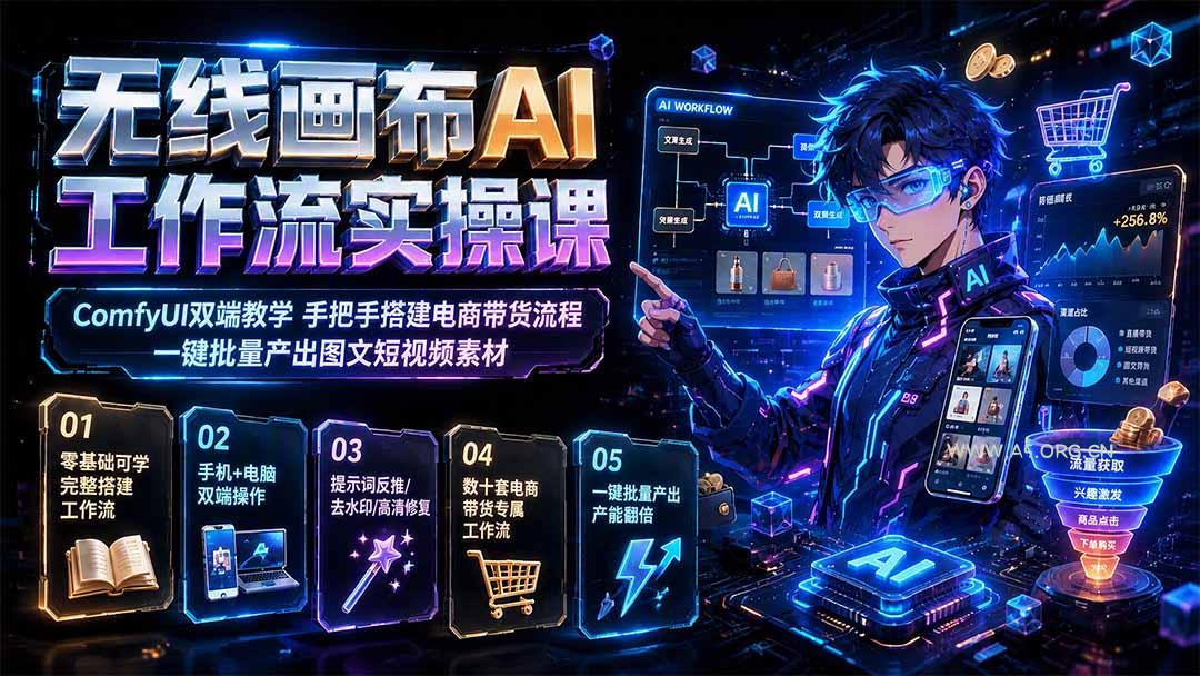 无线画布AI工作流实操课|ComfyUI双端教学,手把手搭建电商带货流程,一键批量产出图文短视频素材-小红泡
