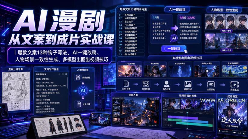 AI漫剧从文案到成片实战课｜爆款文案13种钩子写法、AI一键改稿、人物场景一致性生成、多模型出图出视频技巧-小红泡