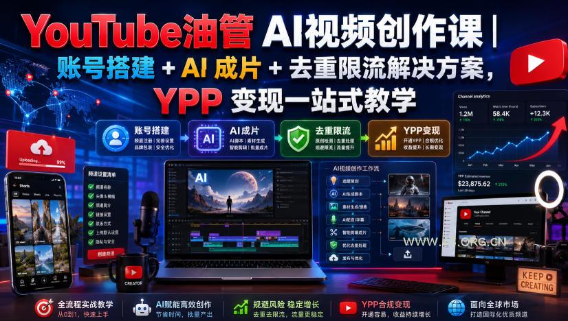 YouTube油管AI视频创作课|账号搭建+AI成片+去重限流解决方案,YPP变现一站式教学-小红泡