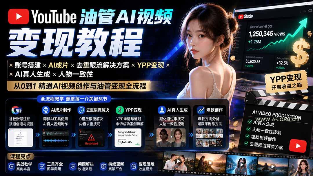 YouTube油管AI视频变现教程:账号搭建×AI成片×去重限流解决方案×YPP变现×AI真人生成×人物一致性-小红泡