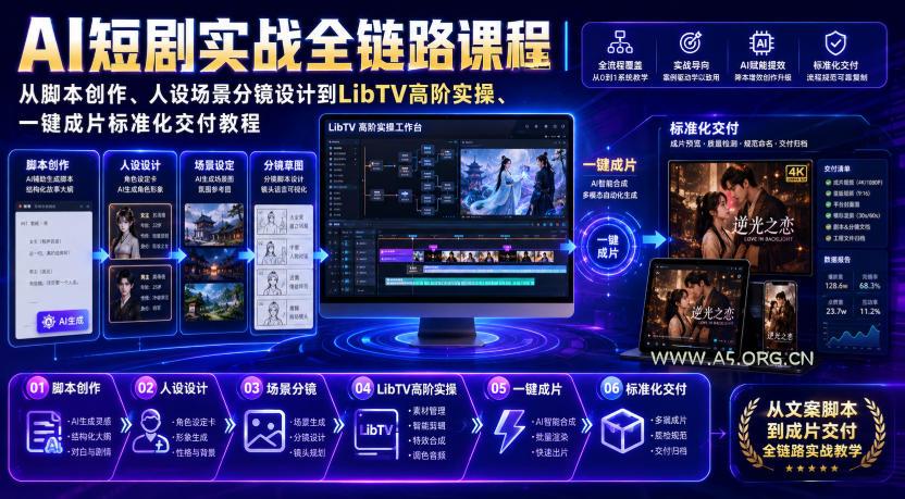 AI短剧实战全链路课程｜从脚本创作、人设场景分镜设计到LibTV高阶实操、一键成片标准化交付教程-小红泡