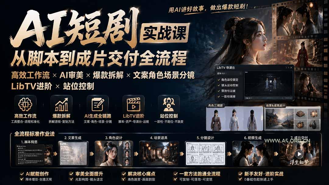 AI短剧实战课:高效工作流×AI审美×爆款拆解×文案角色场景分镜×LibTV进阶×站位控制×从脚本到成片交付全流程-小红泡