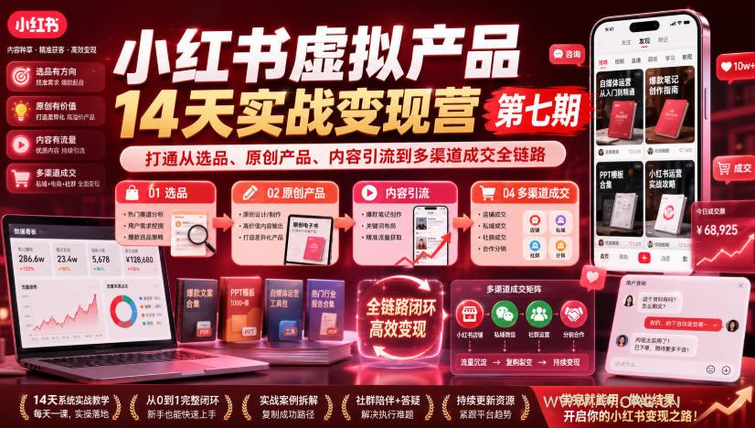 小红书虚拟产品14天实战变现营第七期,打通从选品、原创产品、内容引流到多渠道成交全链路-小红泡