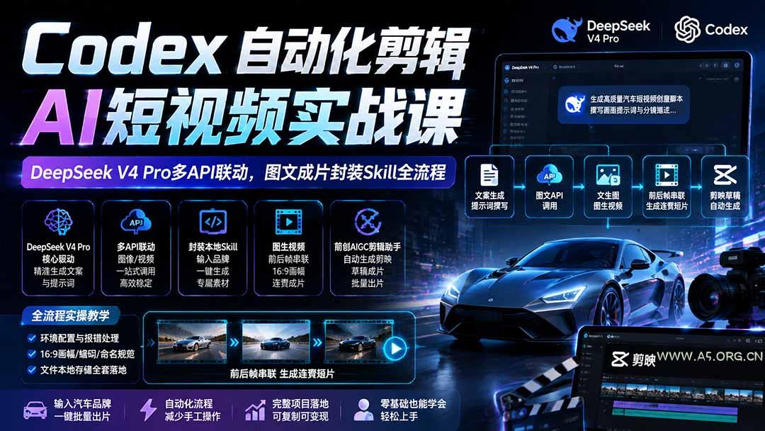 Codex自动化剪辑AI短视频实战课｜DeepSeek V4 Pro多API联动，图文成片封装Skill全流程-小红泡