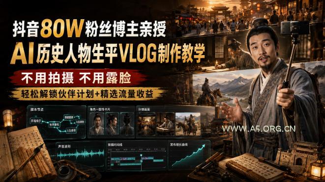抖音80W粉丝博主的AI历史人物生平VLOG教学,不用拍摄不用露脸,AI帮你搞定,轻松解锁伙伴计划+精选收益-小红泡
