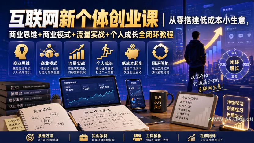 互联网新个体创业课｜从零搭建低成本小生意，商业思维+商业模式+流量实战+个人成长全闭环教程-小红泡