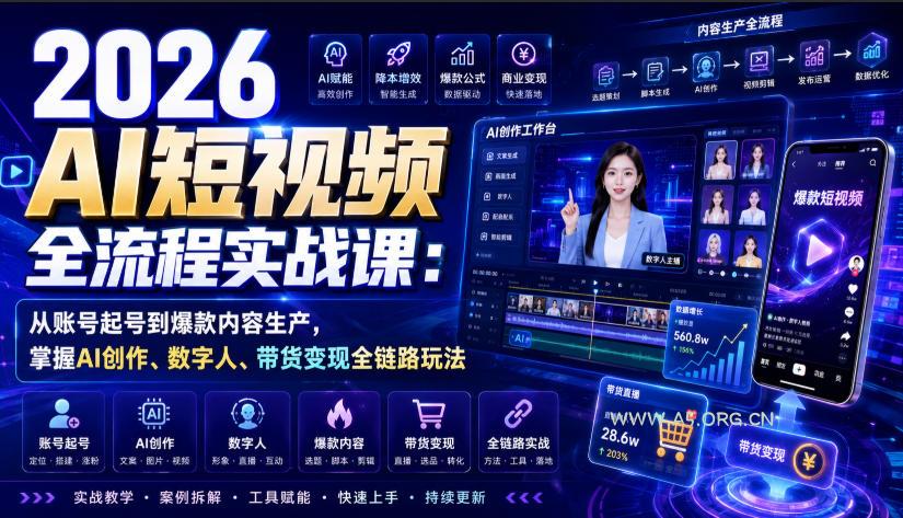 2026 AI短视频全流程实战课：从账号起号到爆款内容生产，掌握AI创作、数字人、带货变现全链路玩法-小红泡