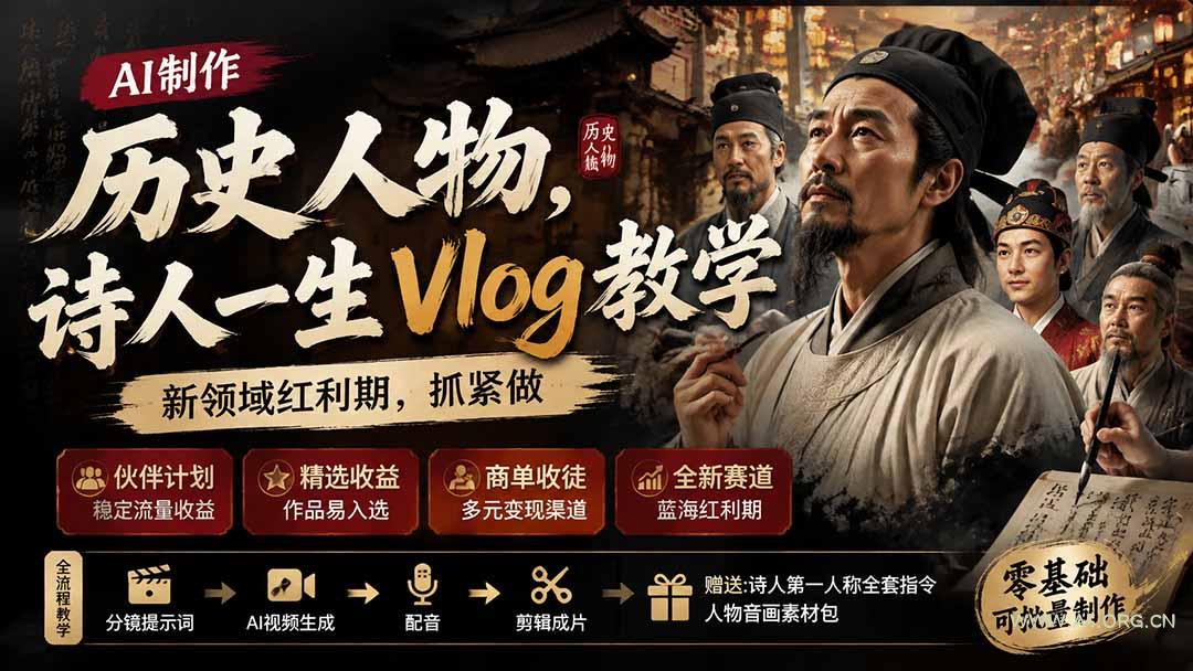 历史人物,诗人一生Vlog教学, AI制作丨伙伴计划丨精选收益丨商单收徒 ,新领域红利期,抓紧做-小红泡