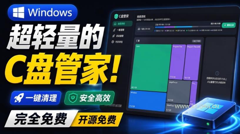 Windows超轻量的C盘管家！超级有特点，支持磁盘分析及清理提醒，2M大小体积，完全免费C盘管家-小红泡