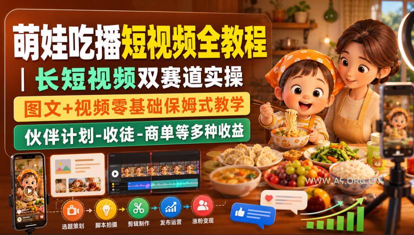 萌娃吃播短视频全教程|长短视频双赛道实操,图文+视频零基础保姆式教学,伙伴计划-收徒-商单等多种变现方式-小红泡