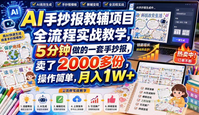 AI手抄报教辅项目全流程实战教学,5分钟做的一套手抄报,卖了2000多份,操作简单,月入1W+-小红泡