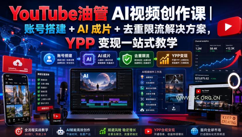 YouTube油管AI视频创作课|账号搭建+AI成片+去重限流解决方案,YPP变现一站式教学(更新0809)-小红泡