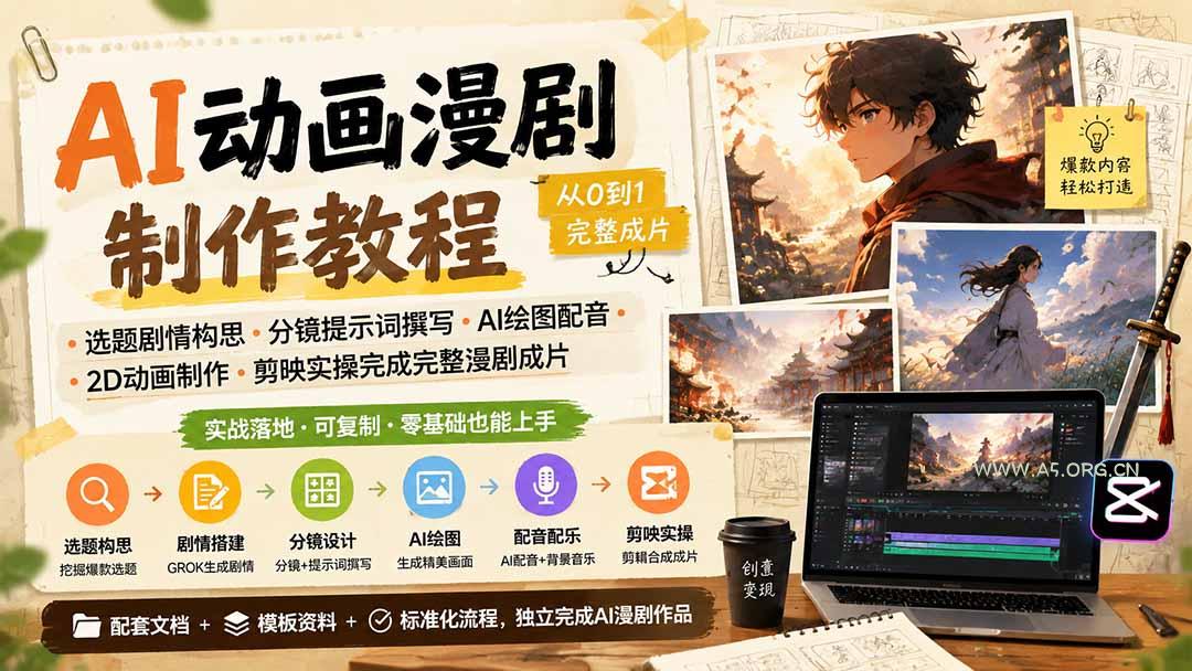 AI动画漫剧制作教程|选题剧情构思·分镜提示词撰写·AI绘图配音·2D动画制作·剪映实操完成完整漫剧成片-小红泡