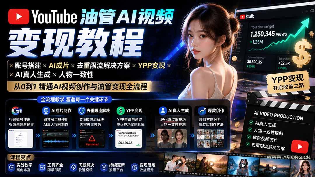 YouTube油管AI视频变现教程-更新:账号搭建×AI成片×去重限流解决方案×YPP变现×AI真人生成×人物一致性-小红泡