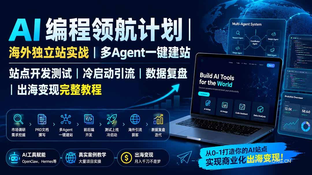 AI编程领航计划|海外独立站实战|多Agent一键建站|站点开发测试|冷启动引流|数据复盘|出海变现完整教程-小红泡