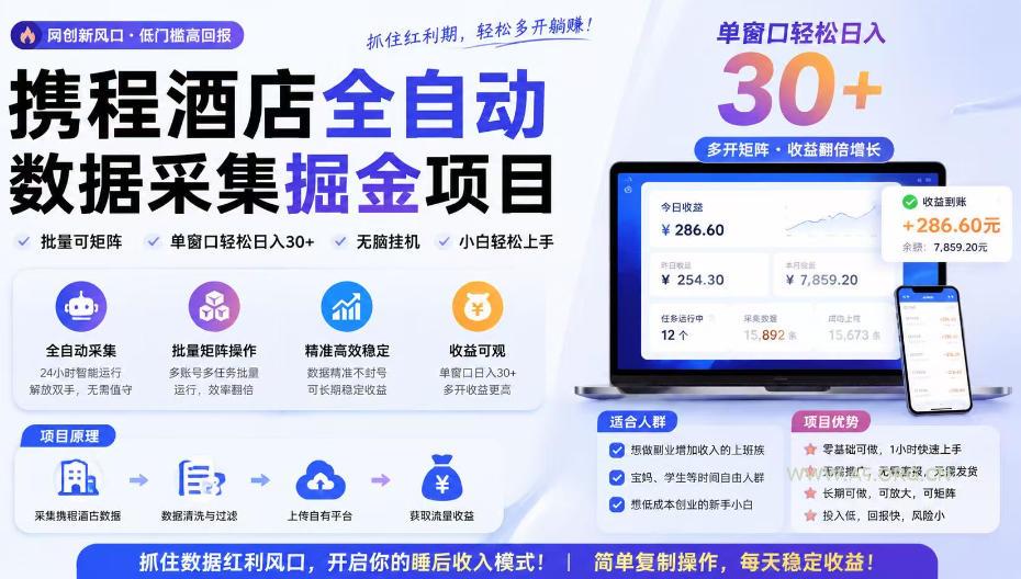 携程酒店采集挂G项目,批量可矩阵,单机轻松日入300+,开启你的睡后收入模式!【揭秘】-小红泡