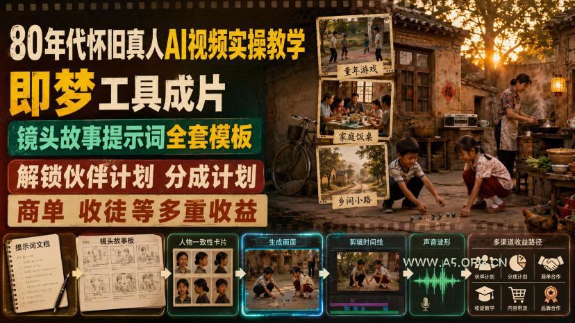 80年代怀旧真人AI视频实操教学，即梦工具成片、镜头故事提示词全套模板，解锁伙伴计划分成计划商单收徒等多重收益-小红泡