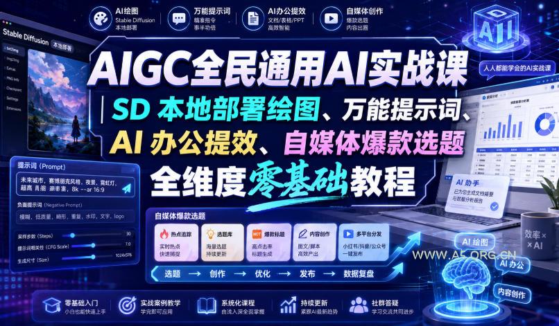 AIGC全民通用AI实战课|SD本地部署绘图、万能提示词、AI办公提效、自媒体爆款选题全维度零基础教程-小红泡