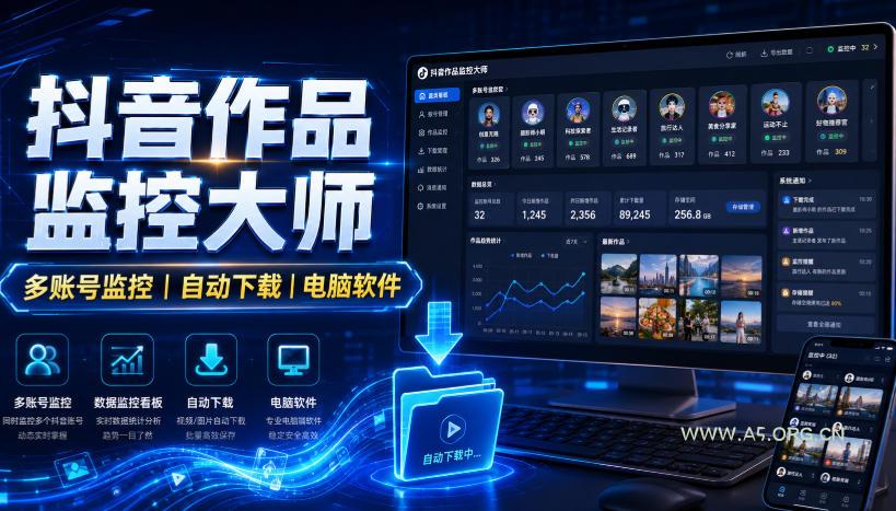 抖音作品监控大师,多账号监控丨自动下载丨电脑软件-小红泡